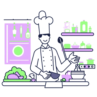 A cheerful chef is standing in a kitchen, wearing a tall white chef's hat. The chef has a broad smile and is dressed in a white double-breasted jacket. In one hand, the chef is holding a wooden spoon, while the other hand is gesturing as if explaining a recipe. The kitchen is filled with various cooking utensils hanging on the wall. A countertop is covered with fresh vegetables, pots, and a cutting board. In the background, there is a large oven and shelves stocked with spices and cooking ingredients.