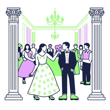 A grand ballroom filled with elegantly dressed guests wearing ornate masks. Chandeliers hang from the ceiling, casting soft light over the scene. In the center of the room, a woman in a flowing gown with intricate patterns lifts her ornate mask, revealing her shocked expression. She stands in front of a man in a tuxedo, who looks surprised and guilty. Around them, other masked guests are engaged in conversations and dancing, oblivious to the unfolding drama. Richly decorated pillars frame the scene, adding to the opulence of the setting.