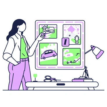 A young woman is standing beside a vision board filled with images of her desired items. She has long hair and is wearing a casual shirt and jeans. Her left hand is holding a small pin while her right hand is positioning one of the images on the board. The vision board is covered with various pictures, such as a house, a car, and travel destinations. The setting has a bright atmosphere, with a desk in the foreground featuring crafting supplies like scissors and colorful paper.