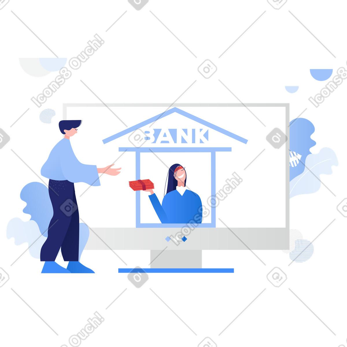 Ilustração de Banco digital: representante do entregando fundos ao cliente em no estilo Clip para baixar em PNG, SVG