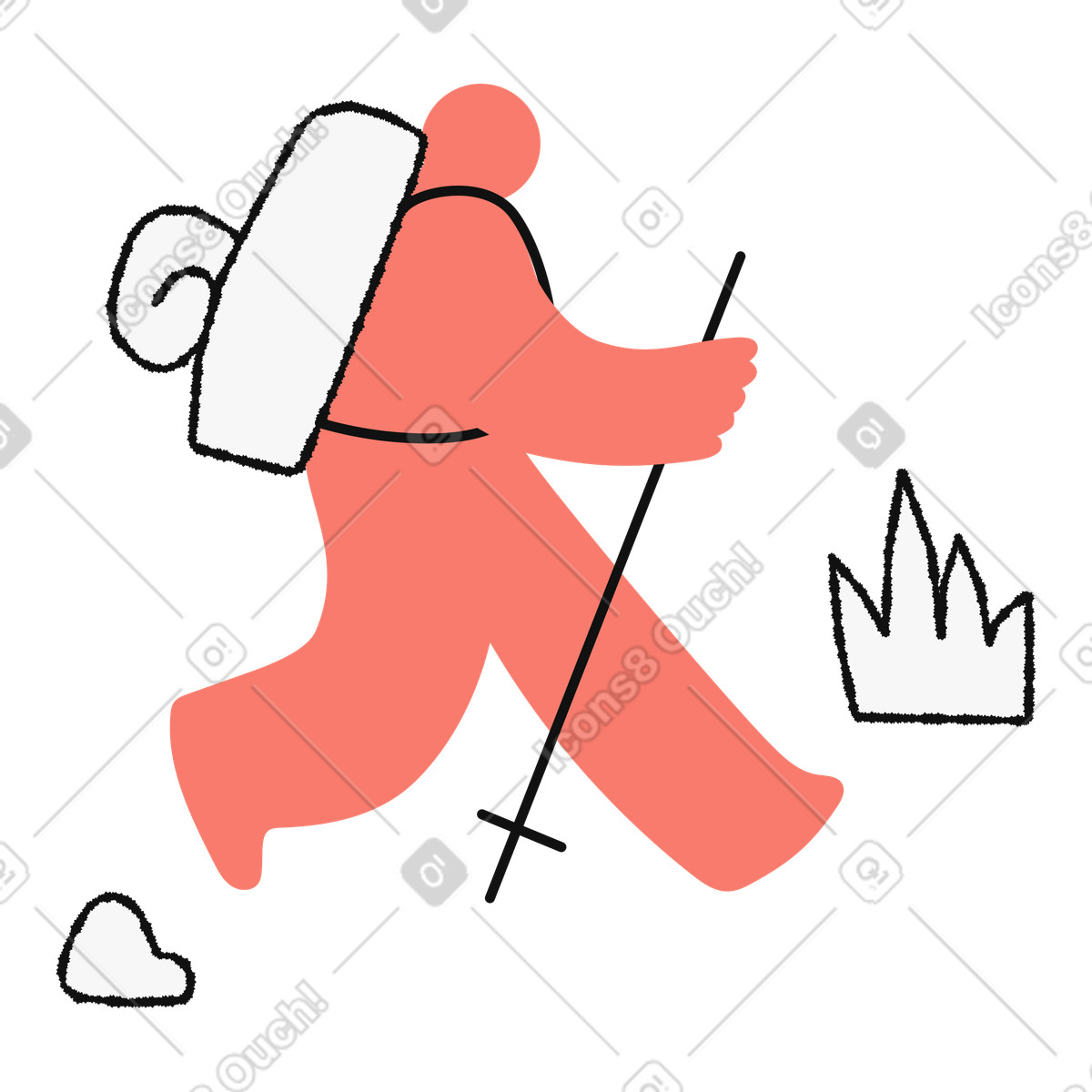 Illustration Hiker walking with backpack and trekking pole near grass patch dans le style Bold People à télécharger aux formats PNG, SVG