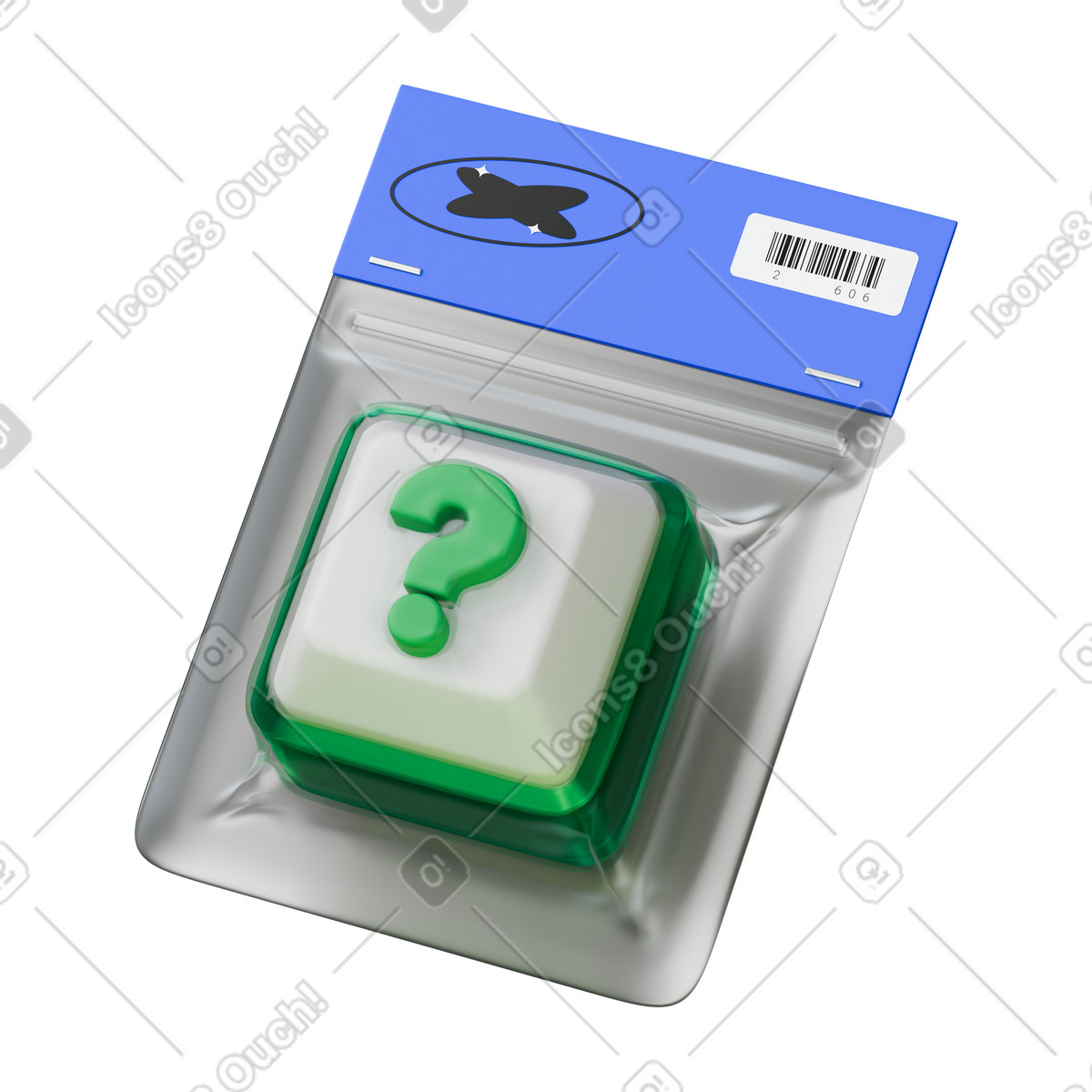 Question mark keyboard button in vacuum package illustration 3D Stickle style download PNG, SVG