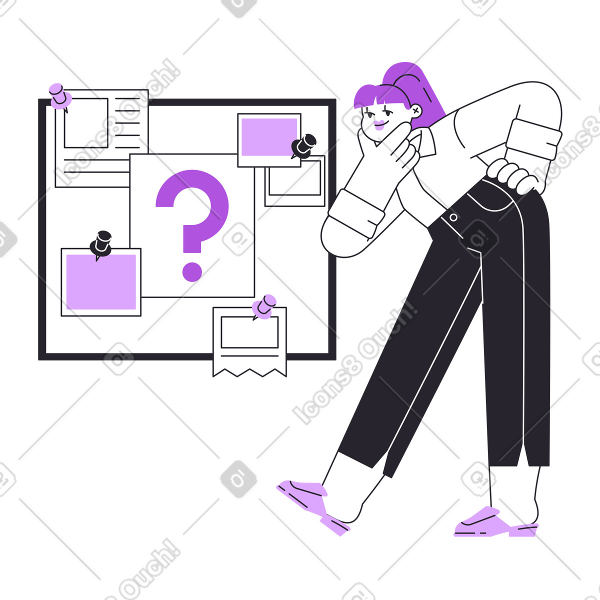 Illustration Une femme réfléchie regarde le tableau avec des indices dans style Grapy à télécharger aux formats PNG, SVG