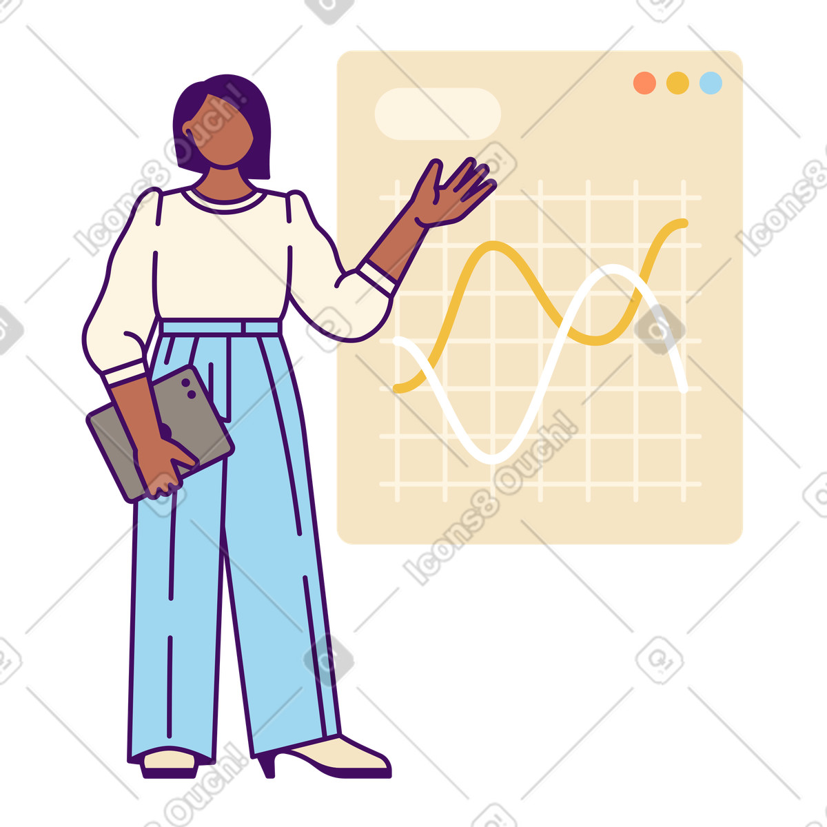 Analyst showing fluctuating graph, Business analytics presentation and reporting illustration in PNG, SVG