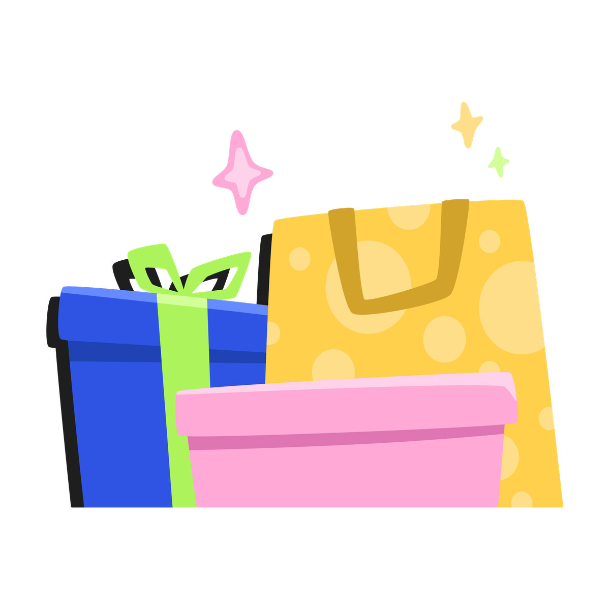 Shopping bag, box and gift illustration in Bouncy style download in PNG, SVG