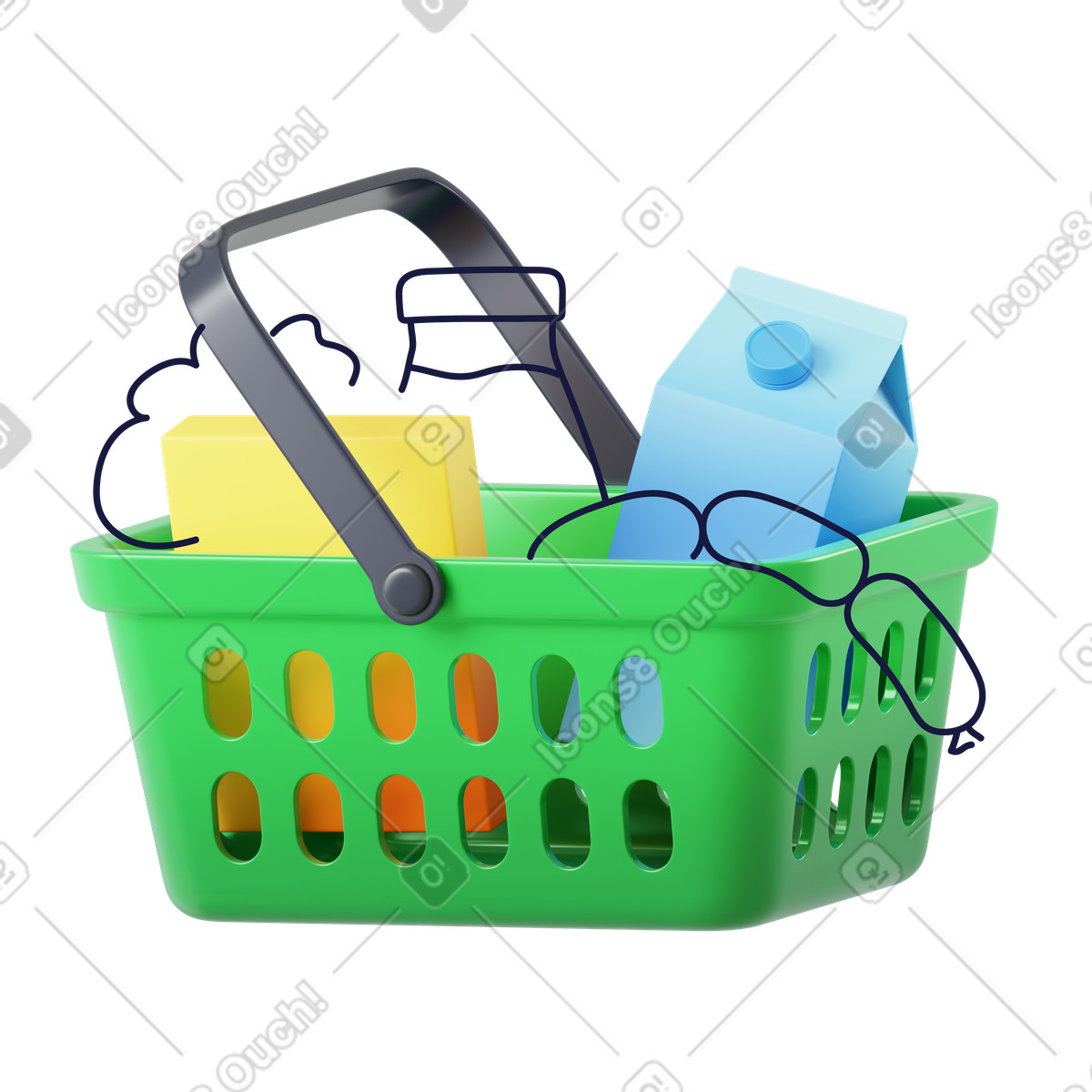 Illustration Panier d'achat avec des produits alimentaires, courses et achat de nourriture dans le style 3D Surfaced à télécharger aux formats PNG, SVG