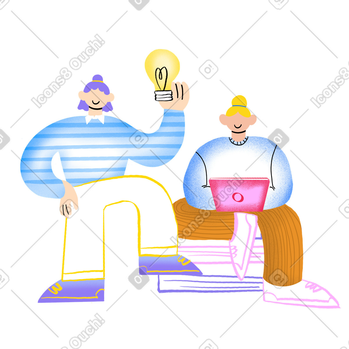 Ilustración Two people got an idea while brainstorming and working en estilo Bonny a descargar en PNG y SVG