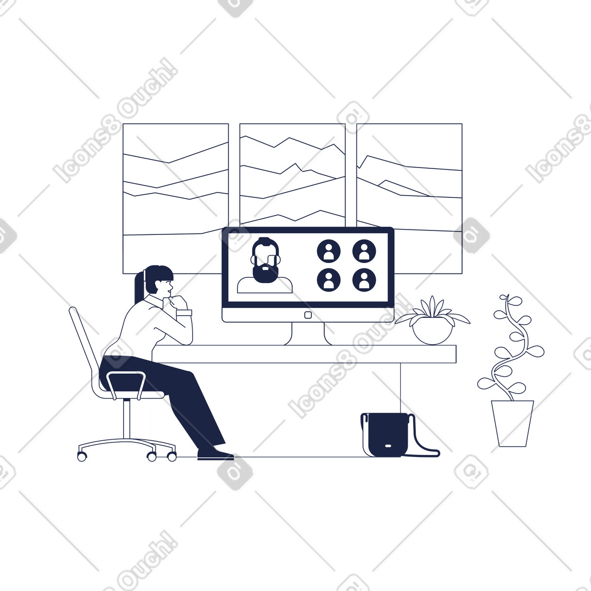 Urban Line スタイルの Office worker attending video conference, online team communication のイラストをPNG、SVG形式でダウンロード