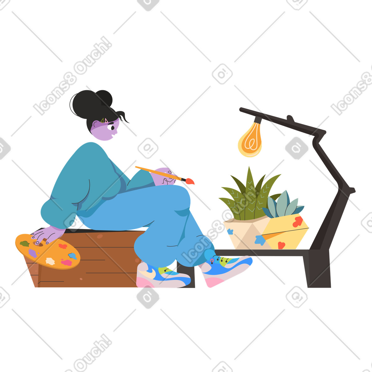 Dizzy スタイルの Young woman decorating pots of plants のイラストをPNG、SVG形式でダウンロード