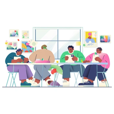 A group of illustrators is gathered in a bright, open studio space, engaged in a creative jam session. Each illustrator is sitting at a different table, surrounded by sketchbooks and art supplies. One illustrator with curly hair is drawing a large, colorful character on a white page, while another with glasses is focused on sketching an intricate landscape. A third illustrator, wearing an oversized sweater, is rapidly creating a series of small doodles on sticky notes. The walls of the studio are adorned with various sketches and vibrant artwork, reflecting the energetic atmosphere. Pencils, markers, and watercolor palettes are scattered across the tables. A large window allows natural light to flood the room, enhancing the creative vibe of the scene.