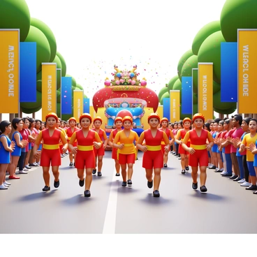 A lively parade featuring participants dressed in colorful costumes. The costumes display vibrant patterns and bright hues including reds, yellows, and blues. The participants are marching energetically down a sunlit street, with confetti flying in the air. There are banners on either side of the street that read "Welcome to the Parade". Spectators line the sidewalks, clapping and cheering as the parade passes by. A large float decorated with flowers and balloons follows behind the participants.
