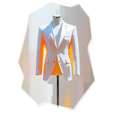 A business suit displayed on a mannequin, made from a clear, transparent material. The suit consists of a fitted jacket and tailored trousers. The jacket is buttoned and has two pockets on the front, while the trousers appear sharply pressed. The interior of the suit is completely empty, showcasing a void where a body would typically be. The background is simple and unobtrusive, allowing the transparent nature of the suit to be the focal point of the image.