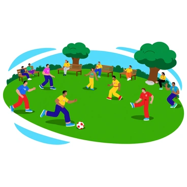 A group of university students playing an informal soccer game on a green campus lawn. The players are wearing a variety of colorful athletic jerseys, with some in blue, others in red, and a few in yellow. A vibrant soccer ball is being kicked across the field. There are trees in the background providing shade, and students are sitting on benches, watching the game and cheering. The sun is shining, creating bright shadows on the grass.