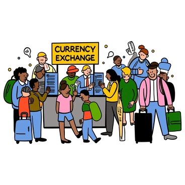 A busy international airport terminal filled with travelers of diverse ethnicities and appearances. There are people of various ages, including families with children, business people in suits, and tourists with backpacks. In the foreground, there is a currency exchange booth with a large sign that reads "Currency Exchange" in bold letters. Behind the booth, a clerk is assisting customers, handing over cash and receipts. Passengers are seen carrying luggage, some looking at flight information screens, while others are engaged in conversations. The atmosphere is bustling with movement and activity.