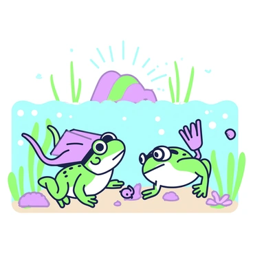 A frog and a toad are swimming underwater in a clear stream. The frog is wearing a green snorkel and fins, while the toad has purple goggles and matching fins. They are surrounded by various aquatic plants that sway with the current, casting soft shadows on the sandy bottom. Small fish can be seen darting around them, adding life to the scene. Sunlight filters down through the water, creating a sparkling effect in the environment. The frog and toad are looking at a colorful underwater rock formation, displaying curiosity and wonder.
