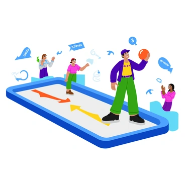 A vibrant 3D animated instruction scene depicting a person in a colorful sports outfit demonstrating how to curl a stone accurately. The individual stands on a smooth, icy curling rink, holding a curling stone in one hand. The stone is a bright orange color with a shiny surface. 

Next to the person, there is a large arrow graphic indicating the correct direction for the stone to travel. The curling stone is positioned at the starting line, ready to be pushed. Surrounding the rink are stylized spectators cheering, with expressions of excitement, and animated sound effects illustrated, such as "whoosh" and "cheer."

In the background, there are markers that highlight the target area on the ice where the stone should land. Steps of the curling technique are illustrated with numbered graphics floating in the air, guiding viewers through each part of the process. The entire scene is filled with dynamic action lines to emphasize movement and energy in the demonstration.