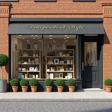 An independent shop located in Philadelphia, featuring a charming storefront with large glass windows. The window display showcases a colorful array of handmade products, including artisanal soaps, unique jewelry, and locally crafted ceramics. Each item is thoughtfully arranged to create an inviting scene. The shop's sign hangs above the entrance, with the name "Independent Style" painted in elegant lettering. The exterior of the building is made of red brick, adorned with small potted plants that add a touch of greenery to the environment. The street outside is lined with cobblestones, completing the quaint urban setting.