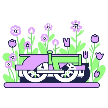 A view of train wheels rolling over metal tracks. The wheels are clearly visible as they make contact with the rails. Lining the tracks are blooming wildflowers in various shapes and sizes, creating a vibrant scene. The flowers have green stems and leaves, while their petals showcase a range of intricate designs. The tracks extend into the distance, with more wildflowers visible alongside them, enhancing the natural beauty of the setting.