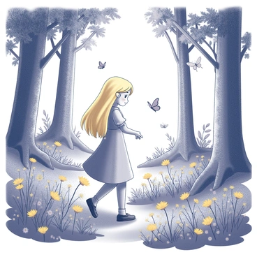 Goldilocks is walking through a dense forest. Tall trees surround her with intricate bark textures and abundant green foliage. The forest floor is carpeted with various wildflowers in different shapes and sizes, creating a vibrant scene. Goldilocks has golden hair flowing down her back, and she is wearing a simple, light-colored dress. She gazes curiously at the flora, her hands gently brushing against the petals of the flowers. Sunlight filters through the leaves, casting playful shadows on the ground as butterflies flit around her.