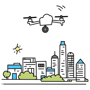 A small Arknights drone, featuring a sleek and compact design with propellers spinning, is hovering above a cityscape. The drone is equipped with a camera on its underside, aimed downwards to capture images of the buildings below. The city features a mix of modern skyscrapers and smaller structures, with roads and green parks visible in the layout. The sky is clear, providing a bright backdrop for the scene.