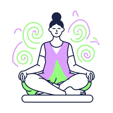 A person is sitting cross-legged on a surface, eyes closed in a meditation pose. They are wearing a simple, flowing outfit. Surrounding them are swirling patterns, which represent calm hormone flow. The swirls are intricately designed, creating a sense of movement and tranquility. The person's posture is relaxed, with hands resting on their knees. The background is clear, emphasizing the person's peaceful demeanor and the dynamic swirls around them.