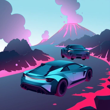 An intense car chase on a volcanic island with dramatic lava flows and thick plumes of smoke rising into the air. Two sleek, modern cars are racing down a narrow, winding road, their tires kicking up dark ash and debris. The first car, a metallic blue sports coupe, is speeding ahead, while the second car, a matte black SUV, is closely pursuing it. Jagged rocks and glowing red lava are visible alongside the road, creating a sense of urgency and danger. In the background, towering volcanoes can be seen, with the sky filled with an ominous orange glow from the molten lava.