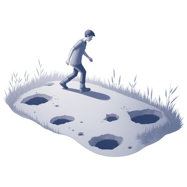 A person walking cautiously across a field. The individual is wearing sturdy boots and is slightly crouched, scanning the ground for any signs of danger. The field is uneven, with various sizes of mysterious holes scattered throughout, some large and deep while others are small and shallow. Tall grasses surround the holes, swaying gently in the wind, and the sun casts long shadows across the ground, enhancing the sense of intrigue in the scene.