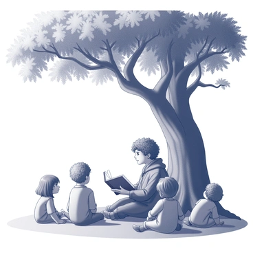 A hobbit sitting comfortably on the ground, surrounded by a group of children. The hobbit has curly hair and is wearing a simple cloak. He holds an open storybook, partially turned towards the children who are seated in front of him, their eyes wide with curiosity. The large oak tree above them has thick branches and abundant leaves, providing shade. Sunlight filters through the leaves, casting dappled shadows on the ground. The children are of various ages, some with legs crossed, others leaning forward eagerly to listen. The scene conveys a sense of warmth and camaraderie.