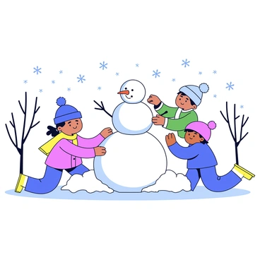 Children are playing in a snowy winter scene. One child is rolling a large snowball to form the base of a snowman. Another child is stacking a smaller snowball on top to create the snowman's body. A third child is putting a carrot in place as the snowman's nose. The ground is covered with a thick layer of snow, and snowflakes are gently falling from the sky. In the background, there are bare trees with snow on their branches, completing the winter atmosphere.