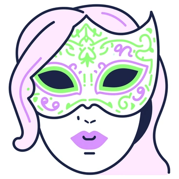 A close-up of a mysterious face partially obscured by an ornate masquerade mask. The mask features intricate patterns and delicate filigree, emphasizing the eyes which are sharply defined. The person's lips are slightly parted, adding an air of intrigue. Their hair cascades to one side, partially veiling their features. The background is softly blurred to keep the focus on the masked face, creating a sense of allure and secrecy.