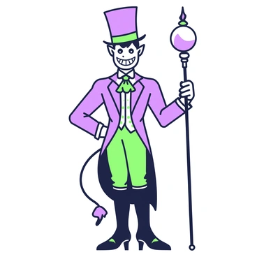 A Victorian devil stands confidently, wearing a tall top hat adorned with intricate details. His face features sharp angles, with a mischievous grin revealing pointed teeth. His eyes glimmer with a playful spark, and his skin has a smooth, dark texture. He is dressed in an elaborate tailcoat that flows elegantly, with tails that kick up slightly as he stands. In his right hand, he holds a polished cane, topped with a glimmering orb. The devil's left hand is placed on his hip in a confident pose. He stands against a simple background that highlights his striking figure.