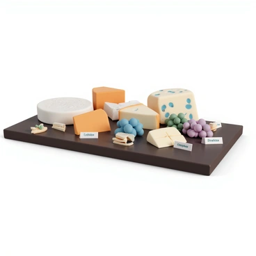 A cheeseboard made of dark wood, displaying an assortment of different cheeses. There is a round brie cheese, cut into wedges, with a creamy white rind. Next to it, a block of sharp cheddar, sliced into rectangular pieces with a bright orange color. A wedge of blue cheese, with its characteristic blue veins, is placed beside a log of fresh goat cheese, sliced into rounds. There are small clusters of grapes and slices of baguette arranged around the cheeses. Each piece is labeled with a small card, clearly highlighting the name of the cheese. The setting is well-lit, emphasizing the textures and colors of the cheese and accompaniments.