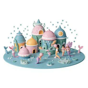 A vibrant mermaid village, filled with movement and life, showcases houses crafted from colorful shells and lush seaweed. Each house has a unique shape, some resembling large conch shells with intricate patterns, while others are adorned with flowing strands of emerald green seaweed. Mermaids of various hues swim gracefully through the village, their shimmering tails reflecting light as they interact with one another. Some are tending to gardens of coral, others are playing with sea creatures, and a few are gathering in groups to share stories. Bubbles float through the water, creating a sense of enchantment in this lively underwater community.