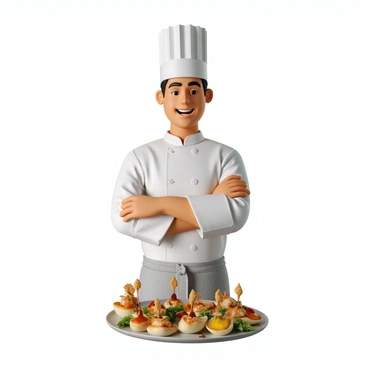 A chef with light skin and short curly hair, wearing a traditional white chef's coat and a tall white hat, stands confidently in the center of the image. The chef has a broad smile, showcasing a sense of pride and satisfaction. In front of the chef, there is an elegantly arranged platter of gourmet dishes. The platter features a variety of colorful and artfully presented food items, including seared scallops, vibrant vegetable medleys, and delicate sauces drizzled artistically. The background provides a subtle kitchen ambiance, hinting at a professional culinary environment. The overall composition emphasizes the chef's enthusiasm for gourmet cuisine.