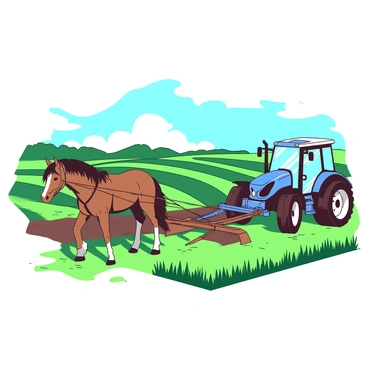 A green farm field stretches across the scene with rows of freshly tilled soil. On one side, a chestnut horse is harnessed to a wooden plow, its muscles rippling as it pulls the heavy equipment. The horse's mane flows gently in the breeze. Beside it, a sleek blue modern tractor is moving forward, its shiny body reflecting sunlight. The tractor is equipped with a metal plow attachment that efficiently tills the soil. In the background, a clear blue sky with fluffy white clouds frames this harmonious agricultural scene.