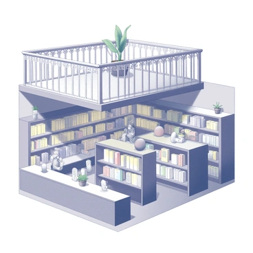 A small balcony extends from the upper level of a bookstore. The railing is intricately designed and offers a clear view of the main floor below. On the lower level, bookshelves are filled with numerous books arranged neatly. Customers can be seen browsing through the shelves, some are holding books, while others are engaged in conversation. The atmosphere is cozy, with warm lighting illuminating the space. A few decorative plants are placed strategically on the balcony and around the bookshelves, adding a touch of greenery to the scene.