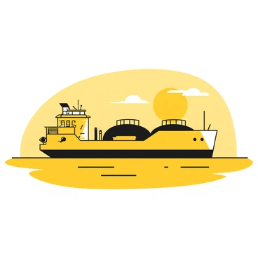 A tank barge is seen sailing across a tranquil sea. The barge is floating steadily, its silhouette defined against the horizon. The sea is calm with gentle ripples. Above, the sky displays shades of yellow as the sun rises, casting soft light across the water's surface. The barge is equipped with large tanks and has a bridge at the front where a crew member is visible, looking ahead. The overall scene conveys a sense of quiet and stillness as the day begins.