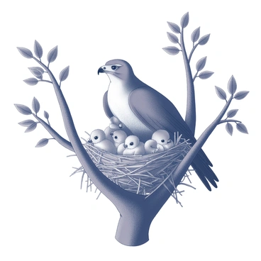 A buzzard sitting in a cozy nest high in a tree with chicks peeking out.