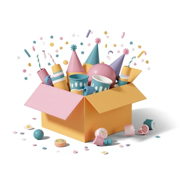 An open box filled with various novelty punch-themed gifts and treats. The box is made of colorful cardboard and is overflowing with items. Inside, there are vibrant party hats in bright colors, a selection of colorful plastic cups with fun designs, and playful party blowers. There are also several small bottles of punch flavored candies and novelty straws shaped like various fruit slices. Scattered around the box are confetti and streamers in a mix of bright colors, adding a festive touch to the scene. The background is a simple surface that highlights the cheerful contents of the box.