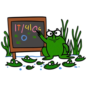 A green frog with big eyes is standing in front of a chalkboard, actively teaching a class of small tadpoles. The frog is wearing a pair of glasses perched on its nose and is pointing at colorful illustrations on the chalkboard, which include numbers and letters. The tadpoles, varying in size and shades of green, are floating attentively in front of the frog, some with big eyes wide open, eagerly listening and looking towards the frog. The classroom is filled with aquatic plants in the background, creating a lively learning environment.