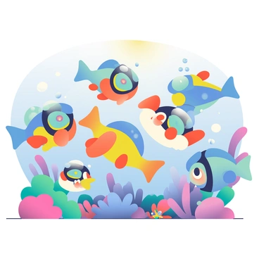 A group of five fish of various colors, including blue, orange, and yellow, are swimming through a vibrant coral reef. Each fish is wearing a pair of snug goggles, designed for underwater exploration. The coral reef is filled with bright pink, green, and purple corals, providing a lush backdrop. Small bubbles are rising from the fish as they move through the water. In the background, several small, colorful sea creatures can be seen peeking out from behind the coral formations. Sunlight filters down from the surface, illuminating the scene with a soft glow.