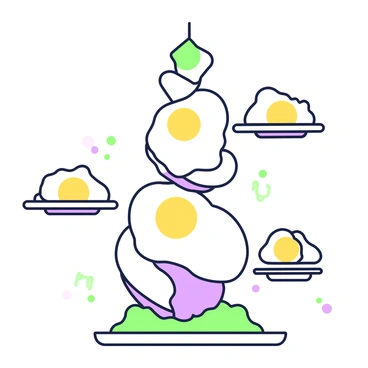 A whimsical sculpture made entirely of fried eggs is displayed in a bright, open space. The sculpture consists of multiple fried eggs, each with a golden yolk in the center, stacked in a spiraling fashion. The eggs are arranged in layers, with the edges slightly overlapping to create a dynamic structure. Surrounding the sculpture, there are small plates placed at varying heights, showcasing additional fried eggs and emphasizing the artistry of the presentation. The overall composition is playful and visually engaging, inviting viewers to appreciate the creativity in the use of a common food item.