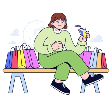 A shopper sitting on a wooden bench in a mall. The shopper has brown hair and is wearing a light green shirt. Around them are several shopping bags in various colors, including red, blue, and yellow, stacked beside the bench. In one hand, the shopper is holding a transparent cup with a straw, filled with a colorful drink. The background features a hint of mall decor with soft lighting.