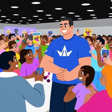 John Cena is standing in a large convention hall, smiling broadly. He is wearing a blue t-shirt with his signature logo on it. In front of him, a group of excited fans, both adults and children, are reaching out for his autograph. Some fans are holding posters and action figures while others have their phones ready to capture the moment. The atmosphere is lively with colorful banners in the background displaying various wrestling events. Bright lights illuminate the scene, highlighting the joy on everyone's faces.