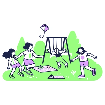 A group of children is playing in a park, surrounded by green grass and tall trees. In the foreground, two children are engaged in a game of tag, running happily. One child has curly hair and is wearing a shirt with stripes, while the other is wearing a t-shirt with a graphic design. To the side, a girl is swinging on a swing set, her hair flowing as she swings high. In the background, a boy is flying a kites, which is soaring in the sky. Nearby, a picnic blanket is spread out on the grass, with a basket filled with snacks. Laughter and excitement fill the air as the children enjoy their day.