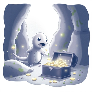 A surprised Charmander stands on its hind legs inside a dimly lit cave. The Charmander has wide eyes and its mouth slightly open in astonishment. In front of it, there is an old wooden treasure chest, partially opened, revealing piles of gold coins and sparkling jewels spilling out. The cave walls are rugged and uneven, with subtle textures and crevices. Patches of moss can be seen on the stones, and the ground is covered with small rocks and pebbles. Light gently filters in from an opening above, illuminating the scene and casting soft shadows around the Charmander and the treasure.