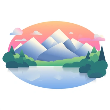 A range of snow-capped mountains is towering in the background, their peaks glistening under the soft light. The sky above is filled with vibrant orange and pink hues reflecting the colors of the sunset. The foreground features a tranquil lake that mirrors the sky's colors, creating a harmonious blend of warm tones. Wispy clouds are scattered across the sky, illuminated by the fading sunlight. Lush green trees line the edges of the lake, adding a touch of nature to the serene landscape.