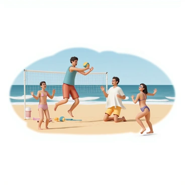 A group of four friends, two men and two women, are playing a lively game of beach volleyball. One man, wearing red swim trunks and a blue tank top, is jumping to hit the ball. The second man is kneeling on the sand, wearing yellow shorts and a green t-shirt, laughing as he prepares to serve. One woman, dressed in a pink bikini and white cover-up, is standing near the net with her arms raised, ready to block. The other woman, in a purple swimsuit and sunglasses, is running towards the ball. The ocean waves can be seen in the background, with a clear blue sky above. The beach sand is golden, and there are a few beach towels and a cooler nearby.