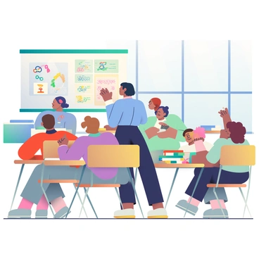 A classroom setting features a teacher with medium skin and short black hair standing at the front. She is wearing a blue blouse and black trousers. On the whiteboard behind her, there are colorful diagrams illustrating peptide structures and functions. The teacher is gesturing towards a 3D model of a peptide molecule that is on the desk next to her. Several students with varied ethnicities are seated at wooden desks, attentively listening and taking notes. There are textbooks and notebooks open in front of the students, with a few students raising their hands to ask questions. Large windows allow natural light to fill the room, highlighting the educational atmosphere.