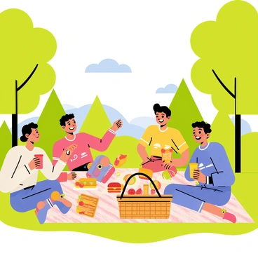 A group of four friends sits on a colorful picnic blanket spread across the grass in the park. They are enjoying a variety of food items, such as sandwiches, fruit, and snacks arranged on a picnic basket. Surrounding them are tall, green trees with lush foliage, providing a natural backdrop. Above, the sky is a bright blue with a few fluffy white clouds. One friend is laughing while another is reaching for a sandwich, and a third is pouring juice into cups. The scene captures a joyful and lively atmosphere.